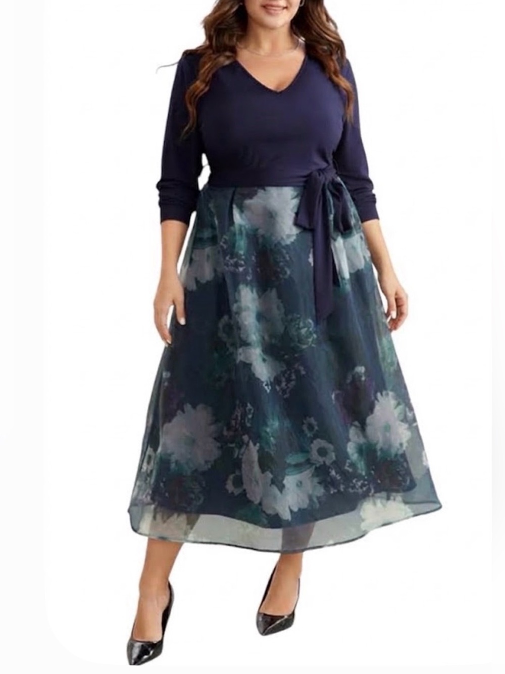 BloomChic Elegant Navy Floral Chiffon Midi Dress Tie Waist Fit & Flare Occasion